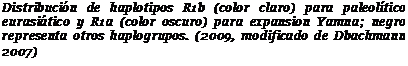 Подпись: Distribución de haplotipos R1b (color claro) para paleolítico eurasiático y R1a (color oscuro) para expansion Yamna; negro representa otros haplogrupos. (2009, modificado de Dbachmann 2007)