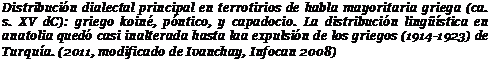 Подпись: Distribución dialectal principal en terrotirios de habla mayoritaria griega (ca. s. XV dC): griego koiné, póntico, y capadocio. La distribución lingüística en anatolia quedó casi inalterada hasta laa expulsión de los griegos (1914-1923) de Turquía. (2011, modificado de Ivanchay, Infocan 2008)